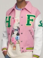 Full-length view of the Homme Femme white and pink letterman varsity jacket.