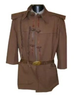 A full-length view of the Josey Wales western coat in a rich brown color.