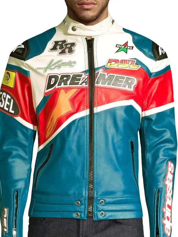 juice-wrld-bandit-ft-nba-youngboy-biker-jacket Juice Wrld Bandit Ft NBA Youngboy Biker Jacket, blue and red trim