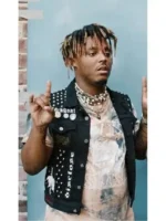 Side profile of the Juice Wrld Legends Never Die black denim vest.