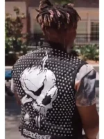 Back view of the Juice Wrld Legends Never Die denim vest with large graphics.