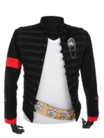 Full front view of the legendary black military jacket with red armbands and silver buttons.