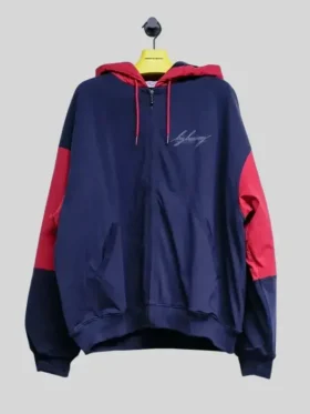 Front view of the Martine Rose Big Business Jacket in navy blue fleece with a zipper.