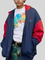 Martine Rose Big Business Jacket styled with an open zipper and hooded collar.