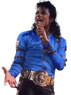A full-length front view of the Michael Jackson Bad World Tour blue jacket with belt straps.