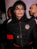 A lifestyle perspective of the Michael Jackson inspired black military jacket for modern fashion.