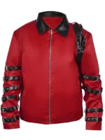 Full front view of the Michael Jackson red 1987 performance jacket with silver buckles.