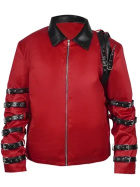 Full front view of the Michael Jackson red 1987 performance jacket with silver buckles.