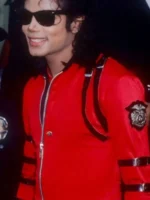 A lifestyle shot showing the Michael Jackson red 1987 jacket in a natural, wearable setting.