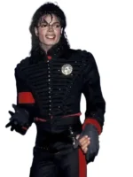 Detailed view of the iconic red armband on the sleeve of the Michael Jackson black military jacket.