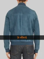 Back side view of Movie F1 Brad Pitt blue suede bomber jacket showing clean stitching and classic bomber shape.