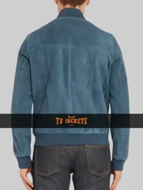 Back side view of Movie F1 Brad Pitt blue suede bomber jacket showing clean stitching and classic bomber shape.