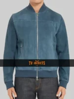 Front side view of Movie F1 Brad Pitt blue suede bomber jacket with zip closure and ribbed collar.