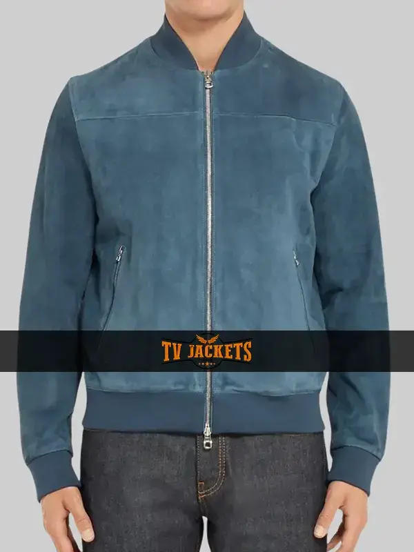 movie-f1-brad-pitt-blue-bomber-jacket-front-side-view Front side view of Movie F1 Brad Pitt blue suede bomber jacket with zip closure and ribbed collar.