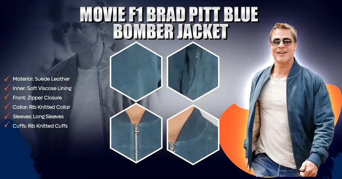 Infographic showing complete specifications of the Brad Pitt F1 blue suede bomber jacket including material, pockets, and closure.