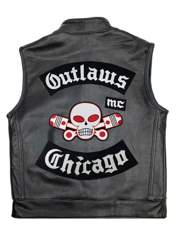 outlaw-vest Back view of the black cowhide leather Outlaws MC vest with zipper closure.