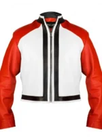 Front view of a high-quality Rock Howard white and red leather jacket.