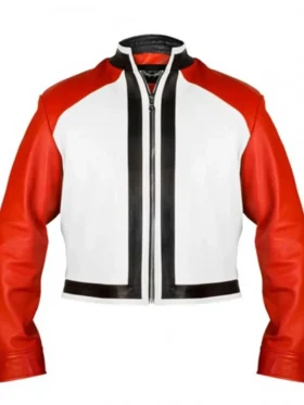 Front view of a high-quality Rock Howard white and red leather jacket.