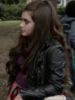 Detailed view of the Shameless Season 6 leather jacket worn by Emmy Rossum.