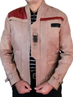 A rugged tan and brown jacket with red shoulder accents and a high collar, inspired by Star Wars.