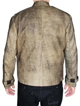 A men’s antique beige leather-style jacket with red shoulder patches and ribbed sleeves from Star Wars.