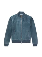 F1 The Movie 2025 Brad Pitt blue suede bomber jacket featuring classic bomber fit and premium suede look.