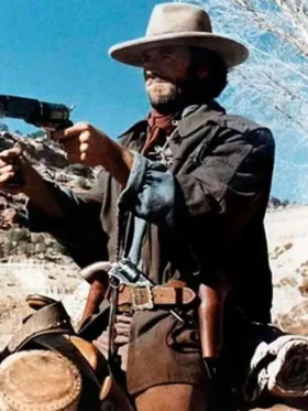 Detailed view of the brown outlaw josey wales coat with professional stitching.