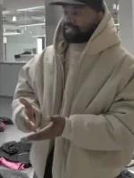 Detailed view of the Yeezy Pixar beige hoodie collar and hood.