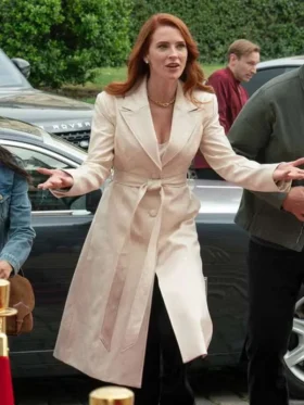 Monica Stevens The Rookie White Leather Coat in a full-length front view.