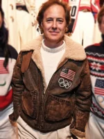 The complete 2026 Winter Olympics Team USA brown leather flight jacket with zipper and pockets.