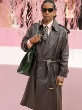 A full-length styling shot of the A$AP Rocky Spring 2026 Couture Trench Coat from TV Jackets.