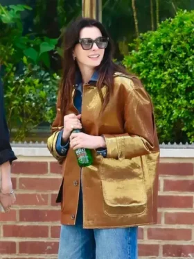 Authentic style recreation of the Anne Hathaway gold metallic barn jacket for 2026.