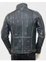 Café Racer style blue waxed jacket for men featuring quilted shoulders.