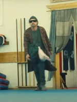 Front view of the Bob Ferguson wool checkered coat from the movie One Battle After Another.