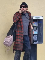 Bob Ferguson wool checkered coat from the movie One Battle After Another.