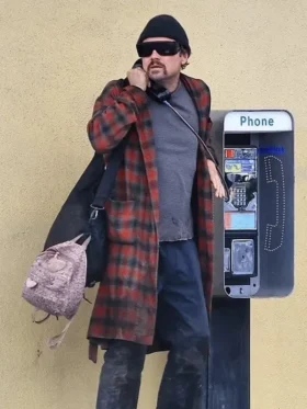 Bob Ferguson wool checkered coat from the movie One Battle After Another.