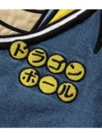 A clear profile view of the Breeze x Dragon Ball blue denim sherpa jacket.