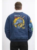 Detailed view of the Breeze x Dragon Ball blue denim sherpa jacket with various Dragon Ball Z patches.