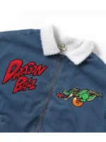 A high-resolution shot of the Breeze x Dragon Ball blue jean sherpa jacket.
