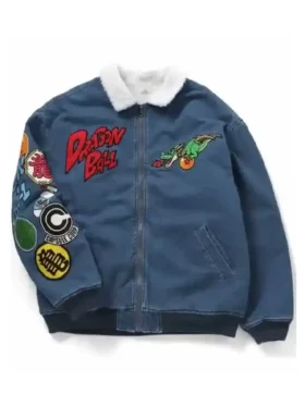 Front view of the Breeze x Dragon Ball denim jacket featuring a white sherpa collar and character patches.