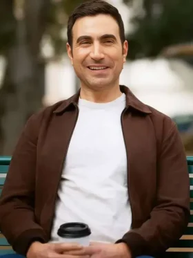 Brett Goldstein Shrinking Season 3 brown bomber jacket front view.