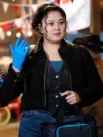 Brilliant Minds S02 Dana Dang Black Jacket style cropped jacket in front view.