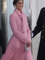 Buy Usha Vance pink coat inspired by her 2025 inauguration look with a high shawl collar and belted wrap waist.