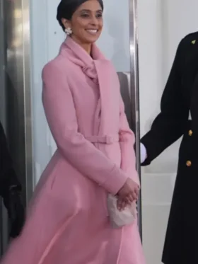 Buy Usha Vance pink coat inspired by her 2025 inauguration look with a high shawl collar and belted wrap waist.