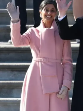 Front view of Usha Vance pink coat inspired by her 2025 inauguration look with belted wrap closure and smooth long silhouette.