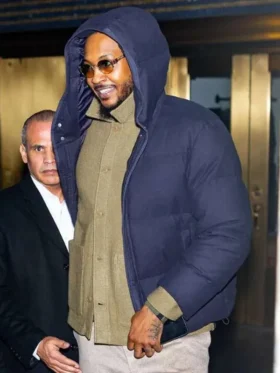 NYC Carmelo Anthony Puffer Hooded Jacket showing the side profile and quilted finish.
