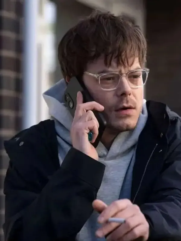 Charlie Heaton Industry 2026 Jacket Charlie Heaton wearing the Industry 2026 jacket featuring a premium dark textile finish and a high-status tailored silhouette.