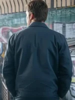 Back side view of Mercy 2026 Chris Pratt navy blue cotton jacket showing clean stitching, relaxed fit, and full coverage silhouette.