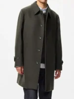 Full front view of the men's olive green Balmacaan coat with raglan sleeves.