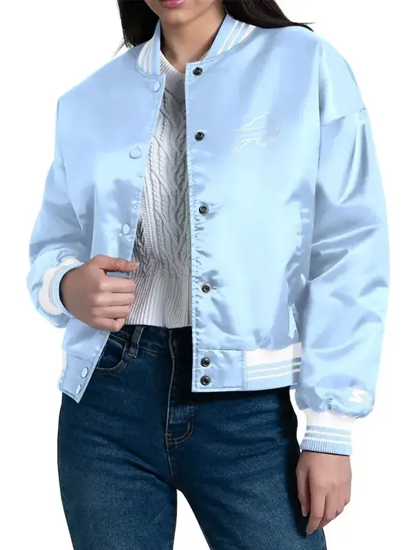 Closure Buffalo Bills Fashion Script Light Blue Satin Jacket Buffalo Bills Fashion Script light blue satin jacket front closure view.